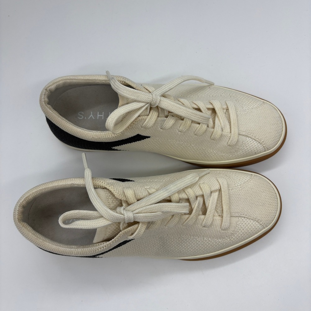 Rothys The Lace Up Sneaker Size 7 Hidden Wedge Bone Navy Blue Low Top Washable - Picture 3 of 11